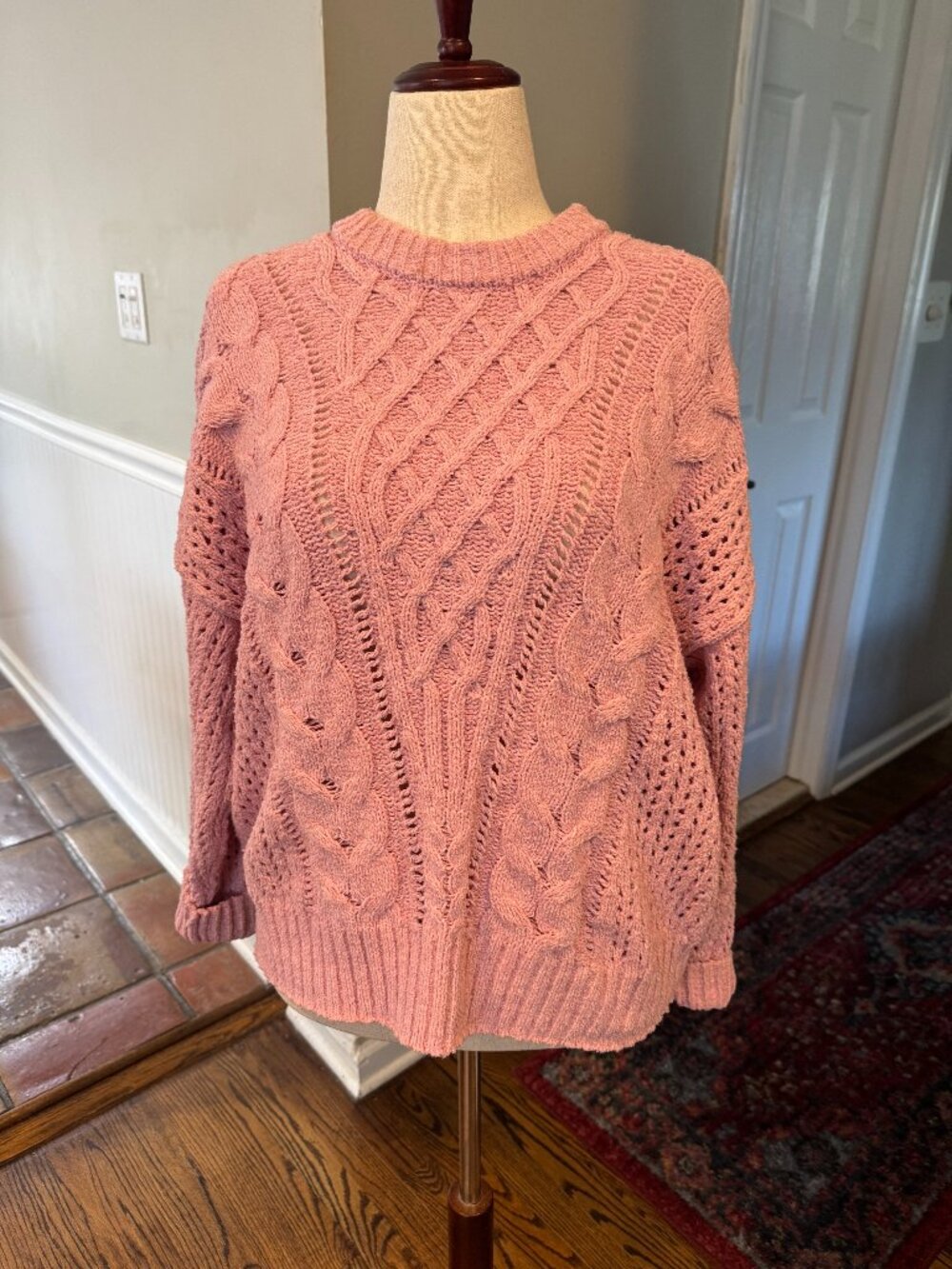 Abercrombie & Fitch textural Stitch Cable Crewneck Sweater in pink